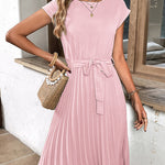 A-Line Loose Pleated Solid Color Tied Waist Round-Neck Midi Dresses