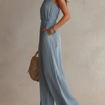 Vintage Chiffon Pleated Jumpsuit With Keyhole Neckline