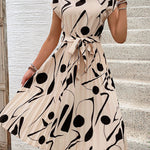 High Waisted Sleeveless Abstract Printed Contrast Color Pleated Polka-Dot Split-Joint Tied Waist Round-Neck Midi Dresses