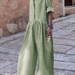 Long Sleeves Loose Buttoned Plaid Pleated Split-Joint Lapel Jumpsuits