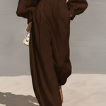 Women's Chocolate Woven Set With Puff Sleeve Turtleneck & Wide-Leg Pants, Timeless Luxe-Chic Style Set