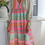 Pink Greek Key and Orange Chain Striped Print Midi Dress