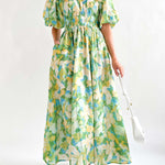 Elegant Square Neck Printed Puff Sleeve Long Dress