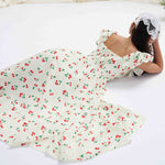 High Waisted Loose Buttoned Elasticity Flower Print Pleated Square-Neck Midi Dresses