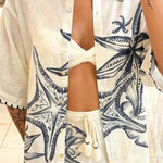 Linen Blend Starfish Print Collared Loose-fitting Shirt and Elastic Waist Casual Pocket Shorts Set
