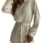 Long Sleeves Buttoned Pleated Solid Color Tied Waist Lapel Mini Dresses Shirt Dress