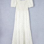 White Ditsy Floral Smocked Puff Sleeve High Waist Jumpsuit