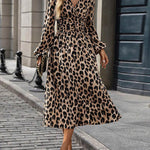 Elasticated Waist High Waisted Contrast Color Leopard Pleated Split-Joint V-Neck Maxi Dresses