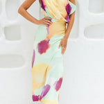 Asymmetric Shoulder Waisted Tie Dye Slit Maxi Dress