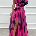 Margovil One Shoulder Waisted Slit Printed Maxi Dress