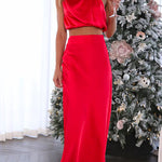 Margovil Turtleneck Sleeveless Crop Top High Waist Maxi Skirt Satin Set