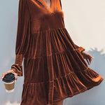 A-Line Long Sleeves Pleated Solid Color Velvet V-Neck Mini Dresses