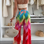 Welcome To Summer Shell Tassel Halter Stretch Bra and Colorful High Rise Wide Leg Pants Set