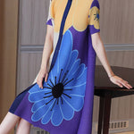 A-Line Loose Buttoned Flower Print Pleated Round-Neck Midi Dresses