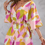 A-Line Half Sleeves Buttoned Drawstring Printed V-Neck Mini Dresses