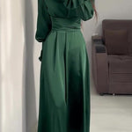 A-Line Long Sleeves Pleated Solid Color Tied Waist Zipper Mock Neck Maxi Dresses