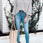 Buttons V Neck Side Split Waffle Knit Sweater