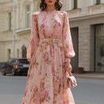 Romantic Blush Floral Chiffon Midi Dress