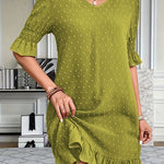 A-Line Flared Sleeves Elasticity Jacquard Pleated Solid Color Split-Joint V-Neck Mini Dresses