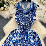 Sleeveless Belt Buckle Buttoned Contrast Color Floral Printed Midi Dresses