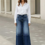 High Waisted Wide Leg Contrast Color Fringed Split-Joint Jean Pants Bottoms