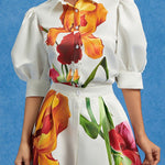 Loose Puff Sleeves Floral Printed Pleated Split-Joint Lapel Blouses&Shirts Tops