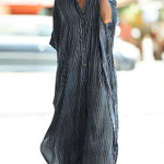 Batwing Sleeves Half Sleeves Buttoned Pockets Striped Round-Neck Beach Cover-Up Maxi Dresses