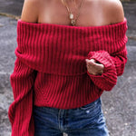Racing Red Off Shoulder Ribbed Knit Sweater