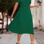 A-Line High Waisted Elasticity Knot Pleated Solid Color Split-Joint V-Neck Midi Dresses