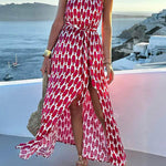 High Waisted Sleeveless Contrast Color Printed Split-Joint Split-Side Tied Waist Halter-Neck Maxi Dresses