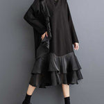 A-Line Long Sleeves Contrast Color Pockets Ruffle Trim Split-Joint V-Neck Midi Dresses