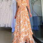 Loose Short Sleeves Elasticity Falbala Leaf Printed Off-The-Shoulder Maxi Dresses