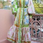 Garden Party Satin Unique Print Balloon Sleeve Belted Shirt Maxi Dress