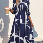 A-Line High Waisted Elasticity Printed Split-Joint Round-Neck Midi Dresses