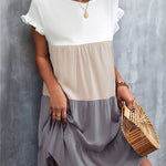 Loose Ruffle Sleeves Contrast Color Falbala Pleated Split-Joint Round-Neck Mini Dresses