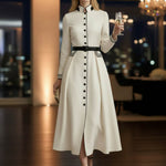 A-Line Elasticated Waist Belted Buttoned Contrast Color Line Split-Joint Stand Collar Maxi Dresses