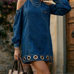 Long Sleeves Loose Hollow Pockets Solid Color Split-Joint Cold Shoulder Mini Dresses