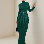 Long Sleeves Buckle Draped High-Neck Evening Dresses Maxi Dresses