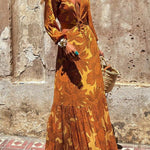 Sunflower Print Ring Cutout Waist Long Sleeve Maxi Dress