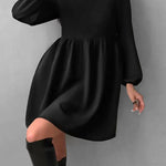 Loose Puff Sleeves Elasticity Pleated Solid Color Split-Joint Round-Neck Mini Dresses