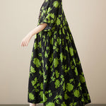 Loose Floral Pleated Round-Neck Midi Dresses