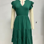 Loose Ruffle Sleeves Pleated Pockets Solid Color Split-Joint V-Neck Midi Dresses