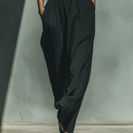 Women's Black Chiffon Sleeveless Jumpsuit With Red Contrast V-Neck Collar & Wide-Leg