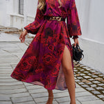 A-Line High Waisted Elasticity Flower Print No Belt Split-Side V-Neck Maxi Dresses
