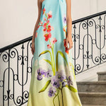 Loose Sleeveless Flower Print Pleated Halter-Neck Maxi Dresses