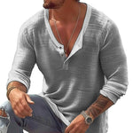 Men's Casual Breathable Cotton Linen U Neck Long-Sleeved T-Shirt