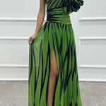 Margovil One Shoulder Waisted Slit Printed Maxi Dress