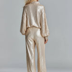 Women's Gold Glamorous Sequin Collared Half - Zip Wide - Leg Loungewear Party Set