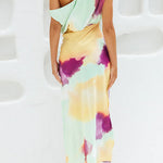Asymmetric Shoulder Waisted Tie Dye Slit Maxi Dress