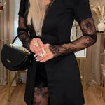 Margot Lace Patchwork Single-button Long Blazer and Lace Elastic Waist Flared Pants Set